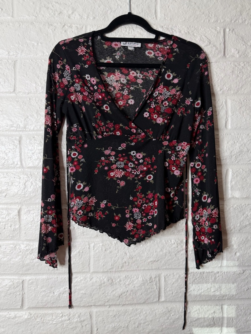 Vintage 90s Y2K Black and Pink Floral Flutter Sleeve V Neck Tie Back Blouse